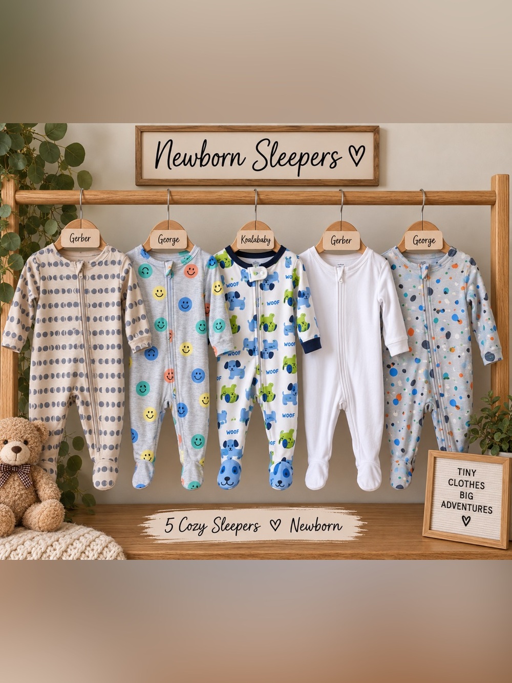 Newborn Baby Sleeper Bundle – 5 Footed Zip Pajamas Mixed Brands
